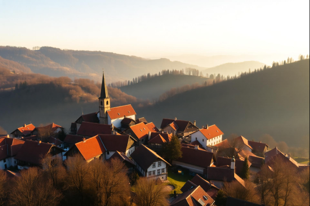 Aerial view of a Transylvanian Saxon village in the Carpathian hills at golden hour
