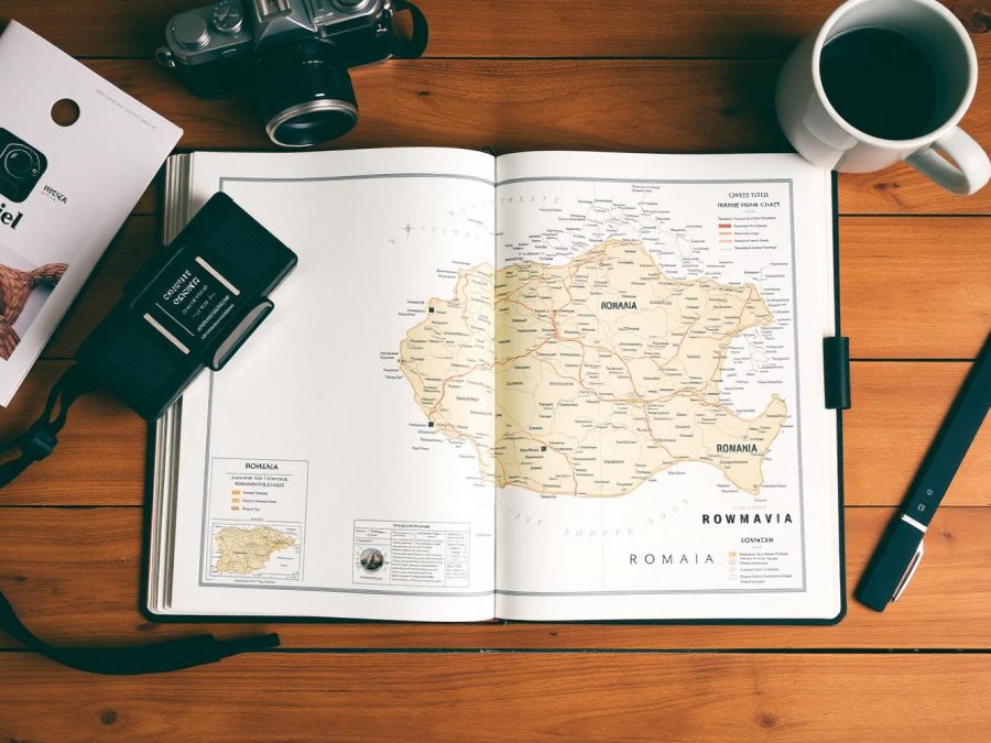 An open map of Romania beside a camera, a notebook and a cup of coffee