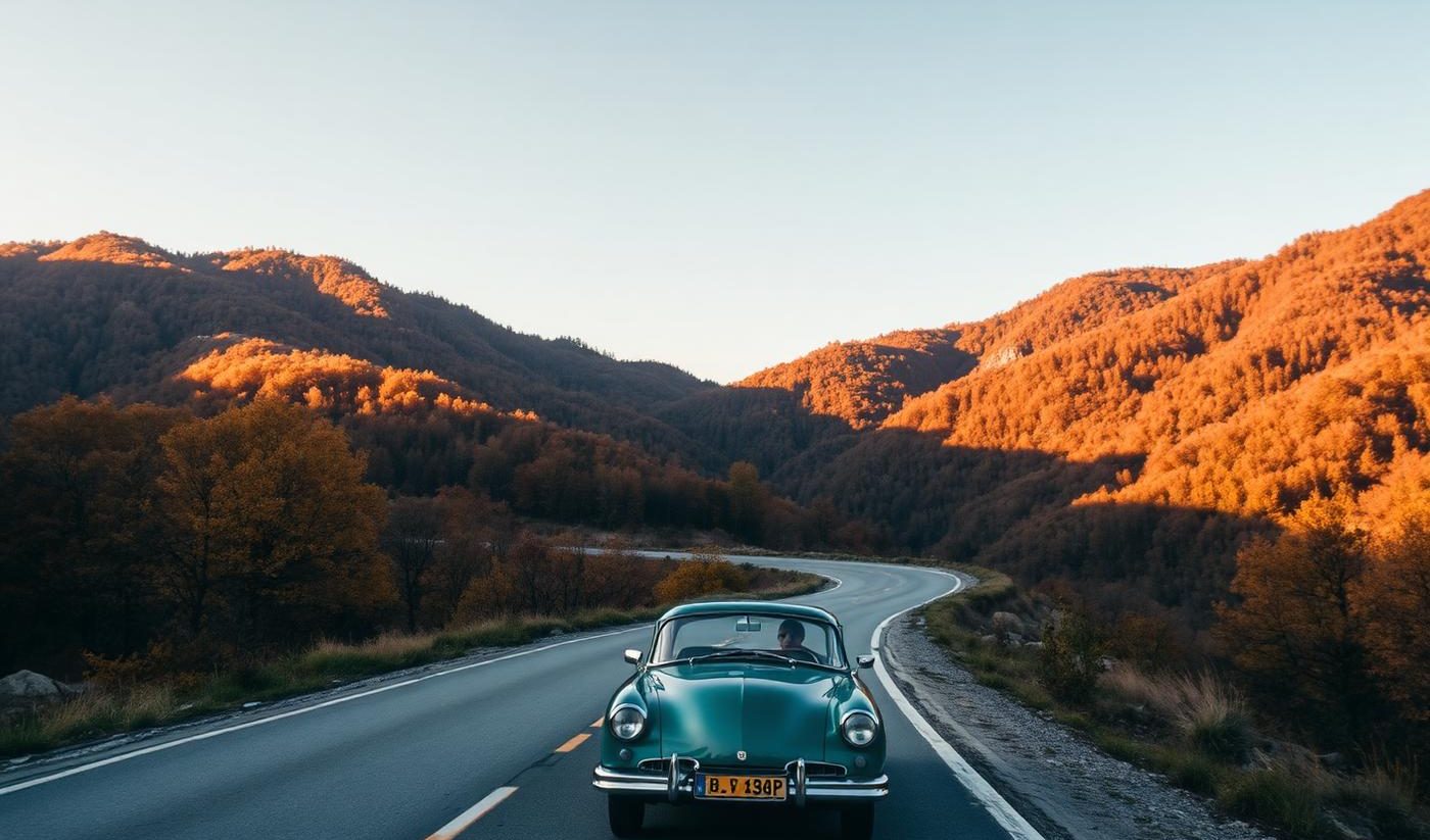 A teal car on a winding mountain road between autumn hillsides