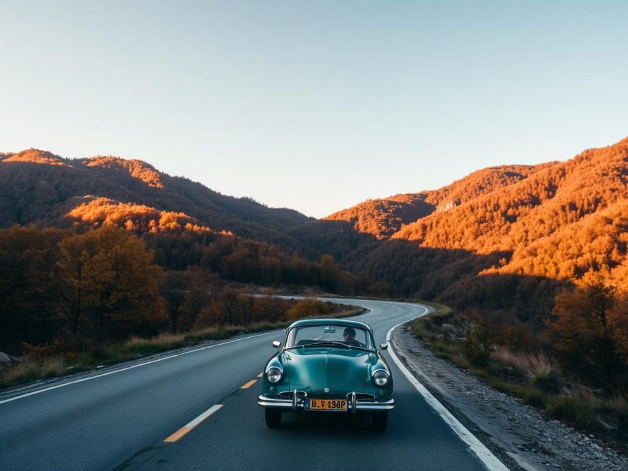 A teal car on a winding mountain road between autumn hillsides