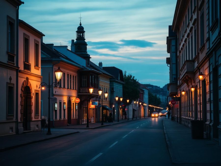 A city street at blue hour with street lamps lit