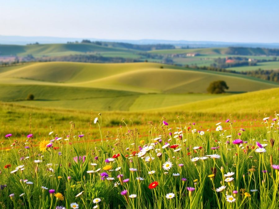 A wildflower meadow in front of rolling green farmland