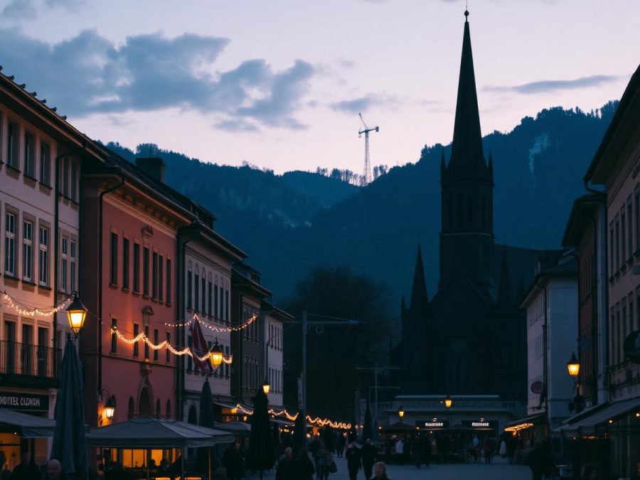 Busy town street at dusk with lit street lamps, café tables and a church spire