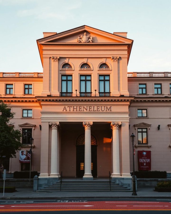 Neoclassical concert-hall façade with tall columns in evening light
