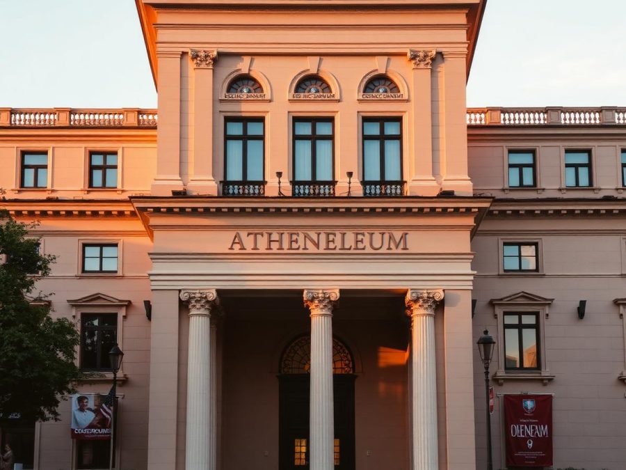 Neoclassical concert-hall façade with tall columns in evening light