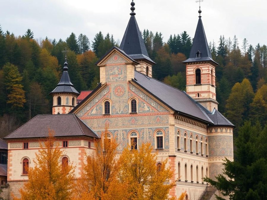 Monastery with painted frescoes across its outer walls, autumn trees in front