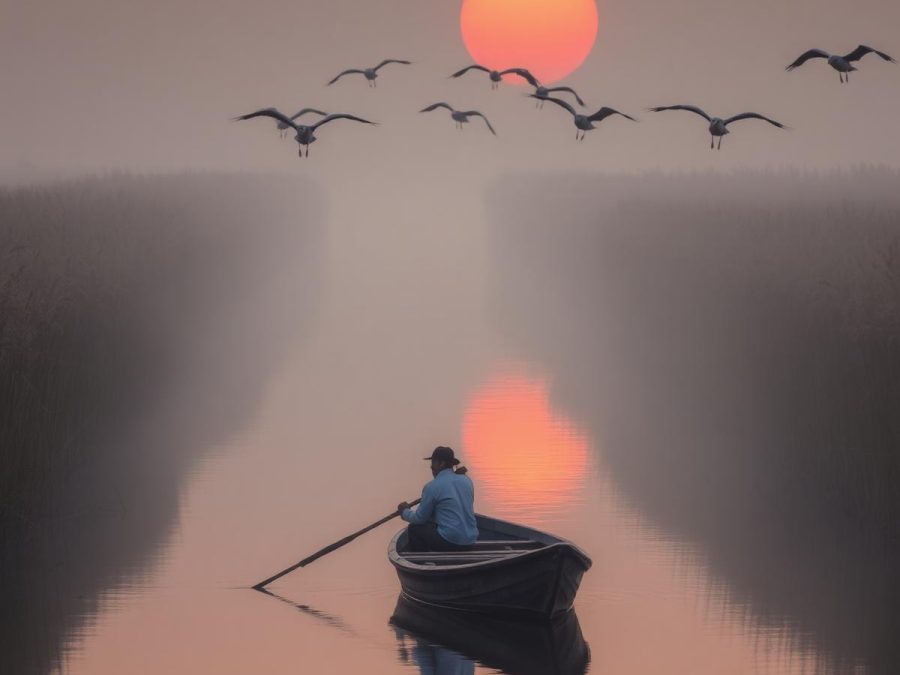 Fisherman rowing a small boat through delta reeds at sunrise as birds pass overhead