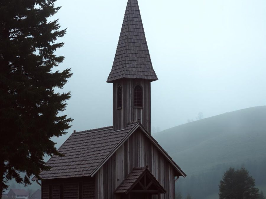 Dark wooden church with a shingled spire beside round hay bales in misty hills