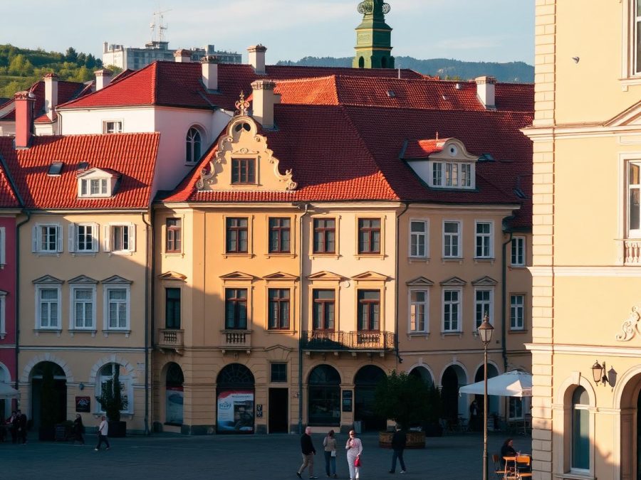 Sibiu's main square with pastel baroque façades, red roofs and a green church tower