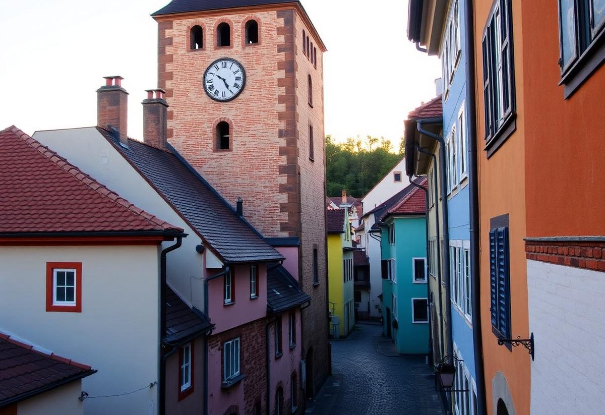 Brick clock tower above a narrow cobbled lane of colourful houses