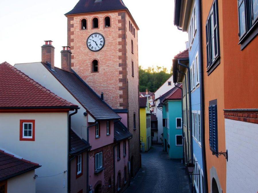 Brick clock tower above a narrow cobbled lane of colourful houses