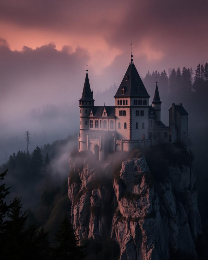 White Gothic-revival castle on a wooded hilltop in autumn mist