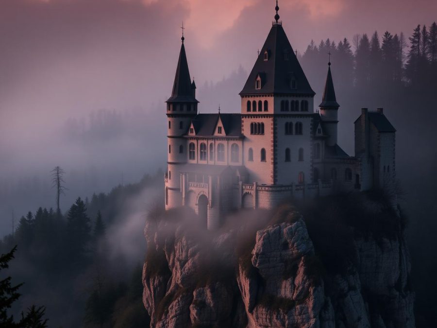 White Gothic-revival castle on a wooded hilltop in autumn mist
