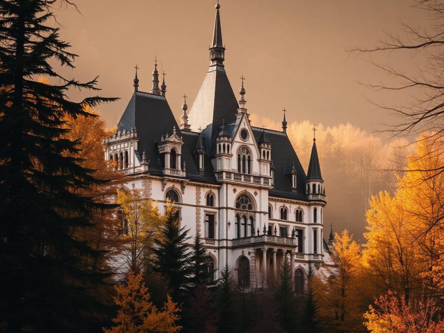 White Gothic-revival castle rising above autumn woodland