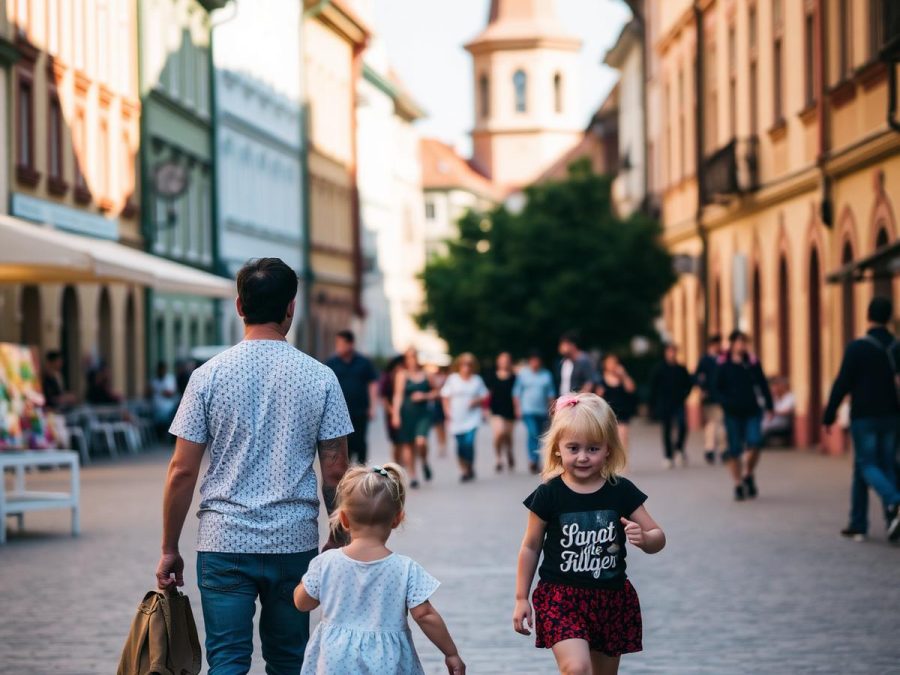 A father and two young girls walking a pedestrian street lined with pastel buildings