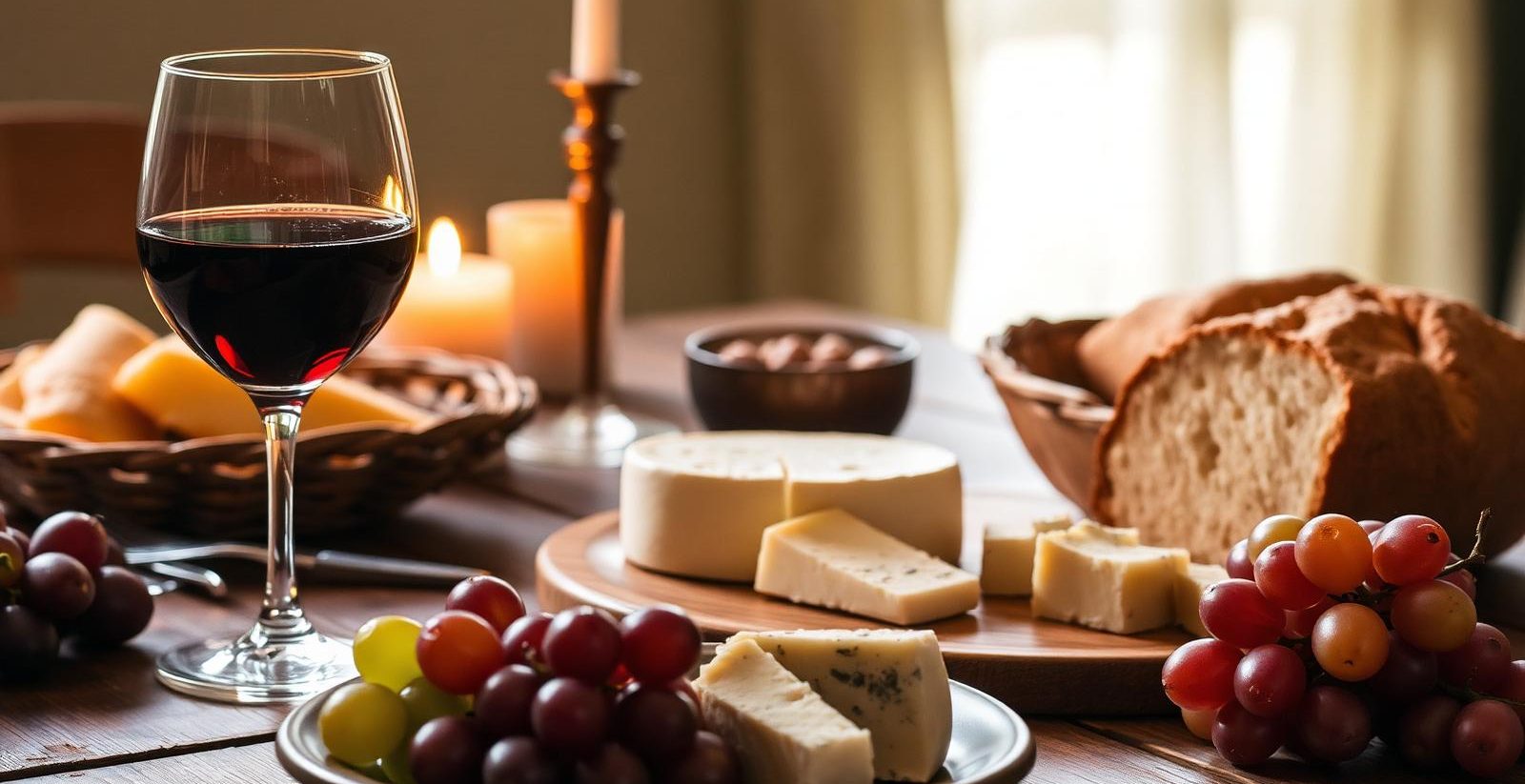 Wine glass, sheep cheese, bread and grapes on a farmhouse table by candlelight