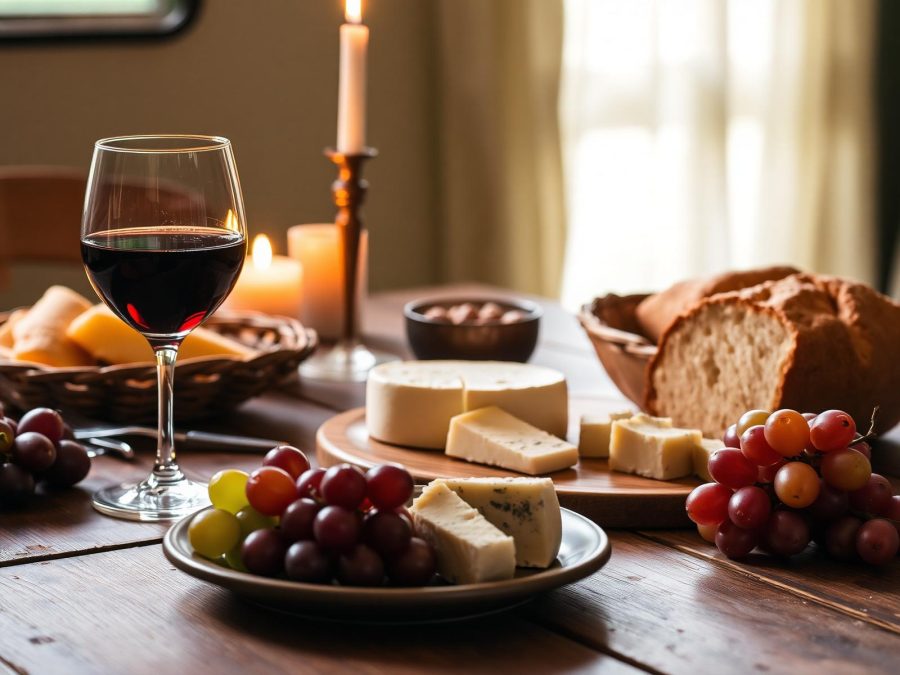 Wine glass, sheep cheese, bread and grapes on a farmhouse table by candlelight