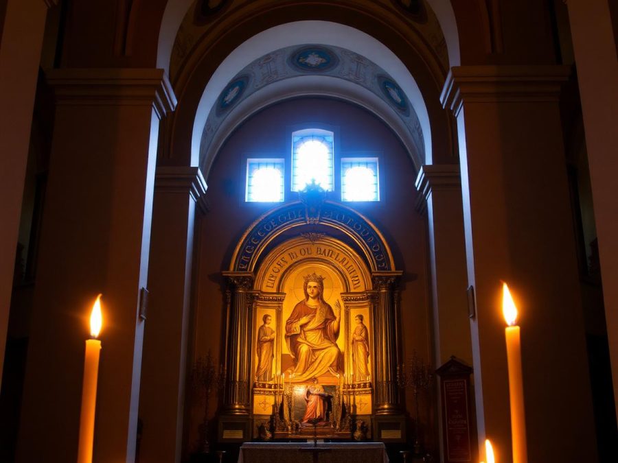 Candlelit church interior with a gilded altar