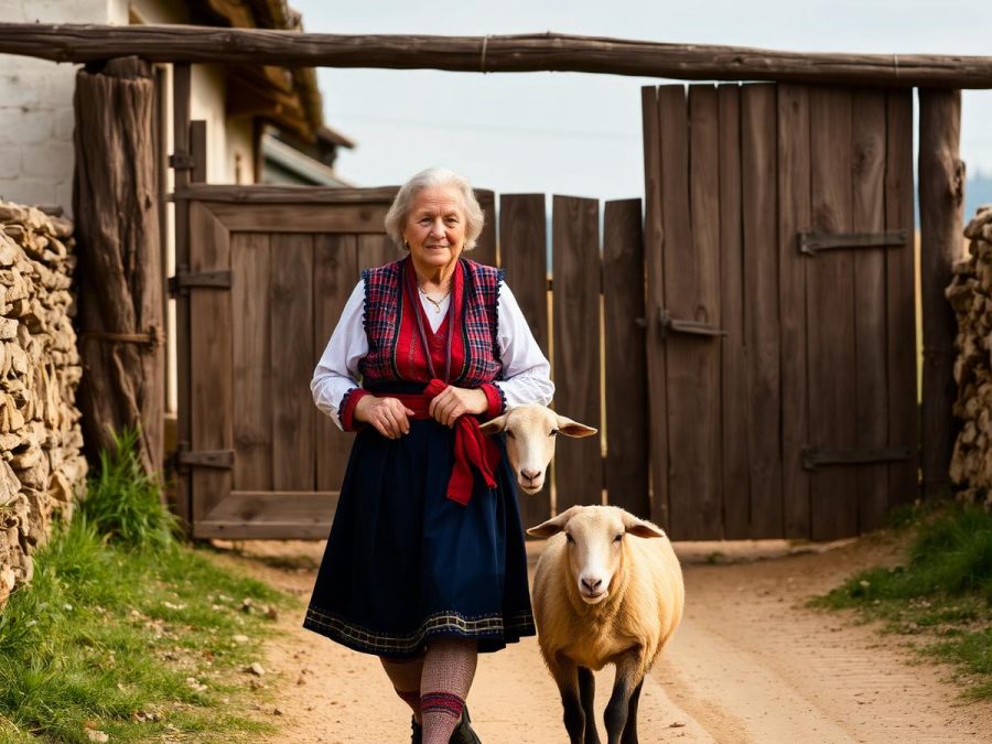 An elderly woman in traditional dress leading a sheep along a village lane