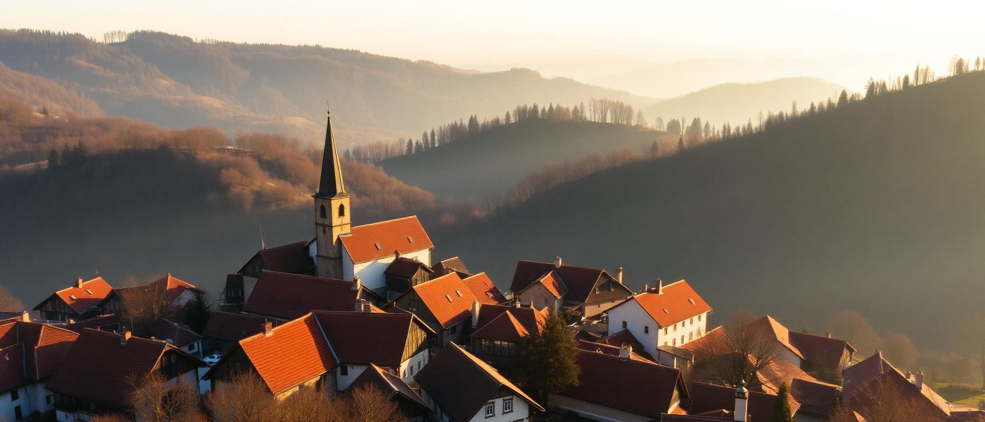 Aerial view of a Transylvanian village, red-tiled roofs around a church spire, in misty wooded hills at golden hour