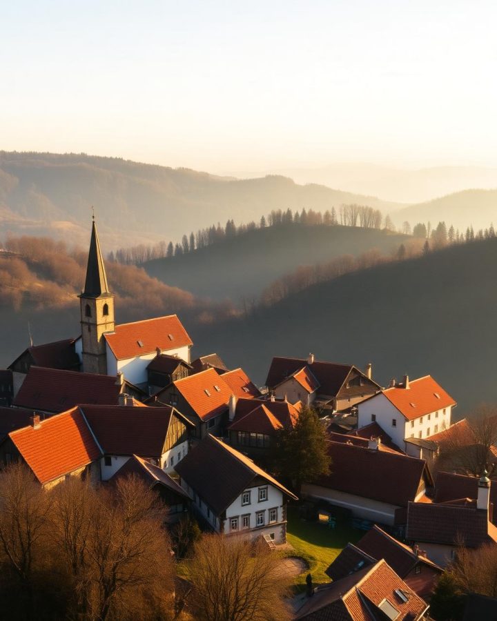 Aerial view of a Transylvanian village, red-tiled roofs around a church spire, in misty wooded hills at golden hour