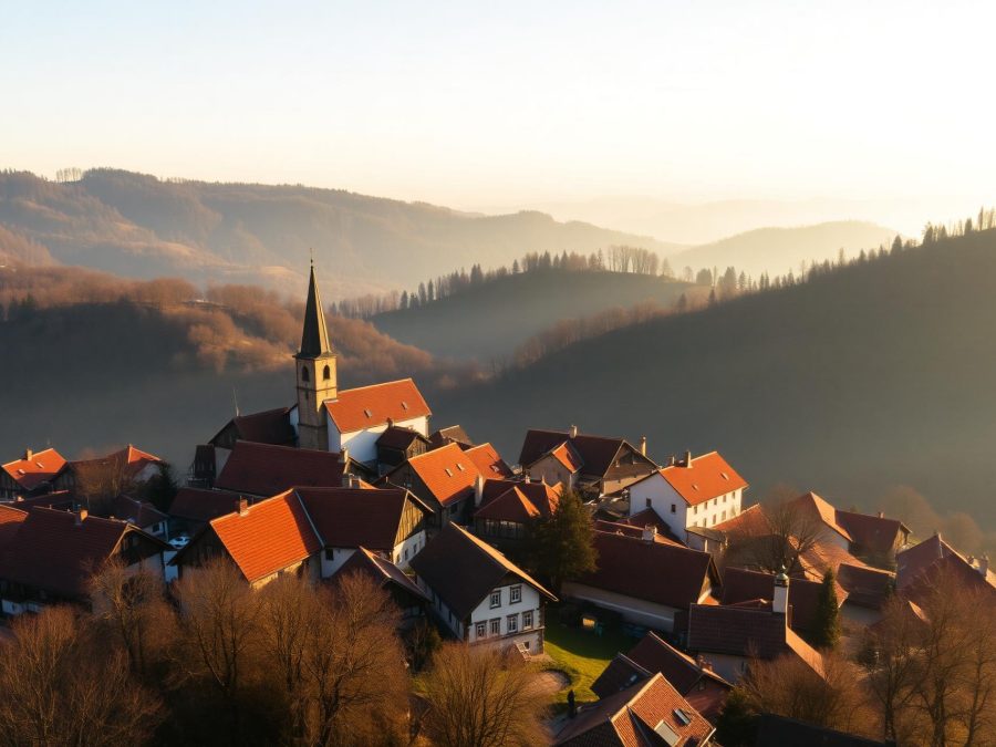 Aerial view of a Transylvanian village, red-tiled roofs around a church spire, in misty wooded hills at golden hour