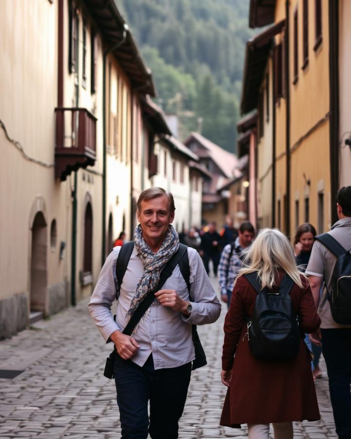 A guide and a small group of travellers walking a cobbled street below a wooded hillside