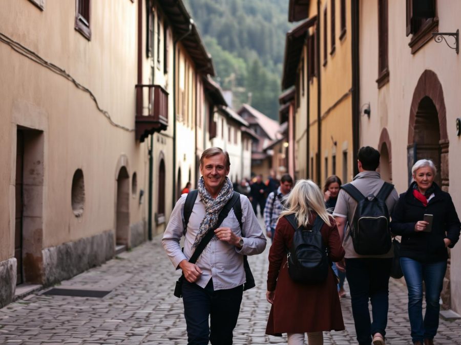 A guide and a small group of travellers walking a cobbled street below a wooded hillside