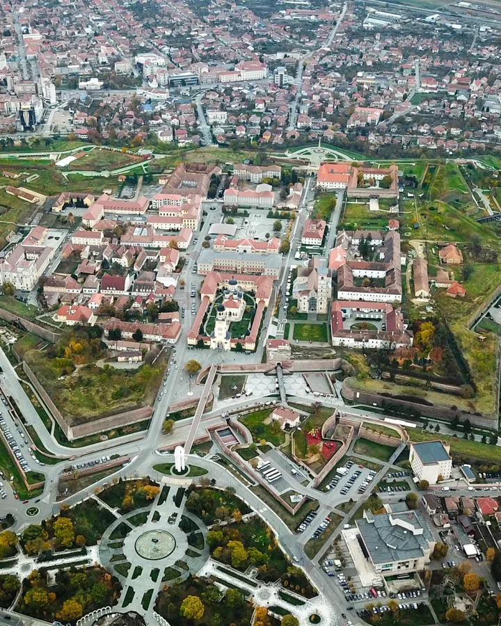 The star-shaped Habsburg citadel of Alba Carolina from the air, the town of Alba Iulia around it