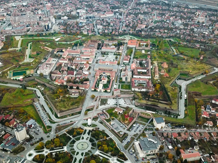 The star-shaped Habsburg citadel of Alba Carolina from the air, the town of Alba Iulia around it