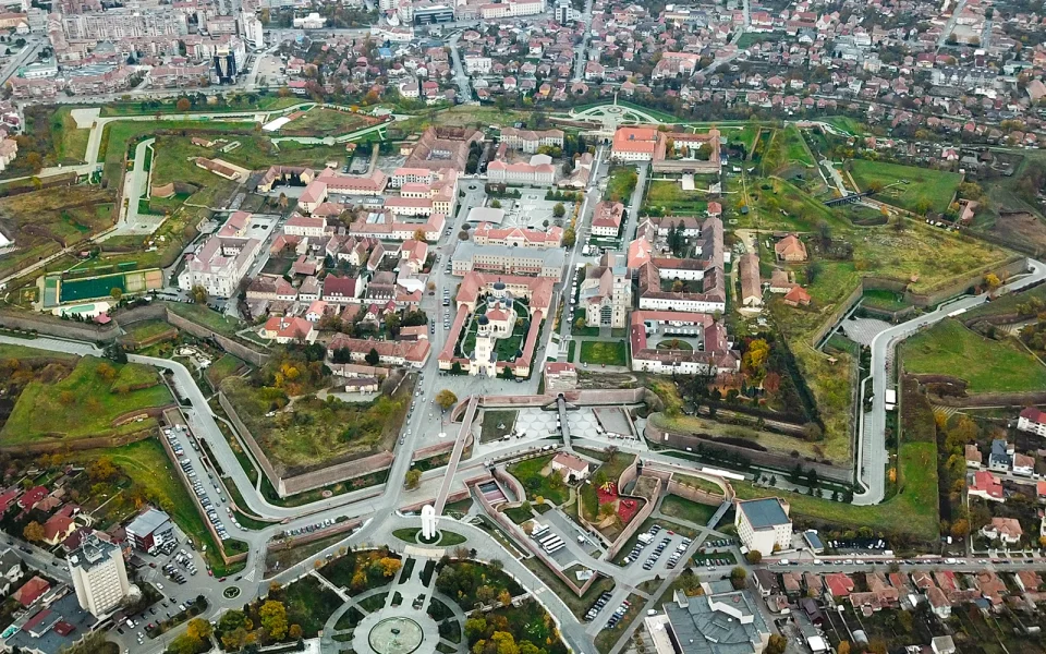 The star-shaped Habsburg citadel of Alba Carolina from the air, the town of Alba Iulia around it